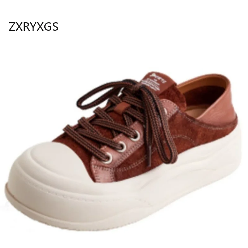 

ZXRYXGS Top Cowhide Full Genuine Leather Sneakers Fashion Casual Shoes 2025 Spell Colors Splicing Lace-up Women Trendy Shoes