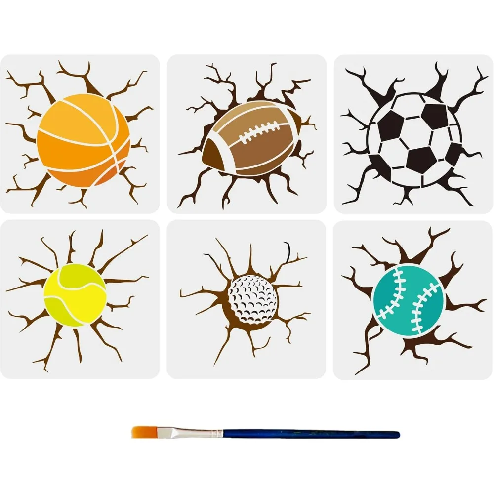 6pcs Sports Ball Stencils 11.8×11.8inch Wall Cracks Basketball Football Rugby Baseball Tennis Ball Golf Ball Stencils Reusable