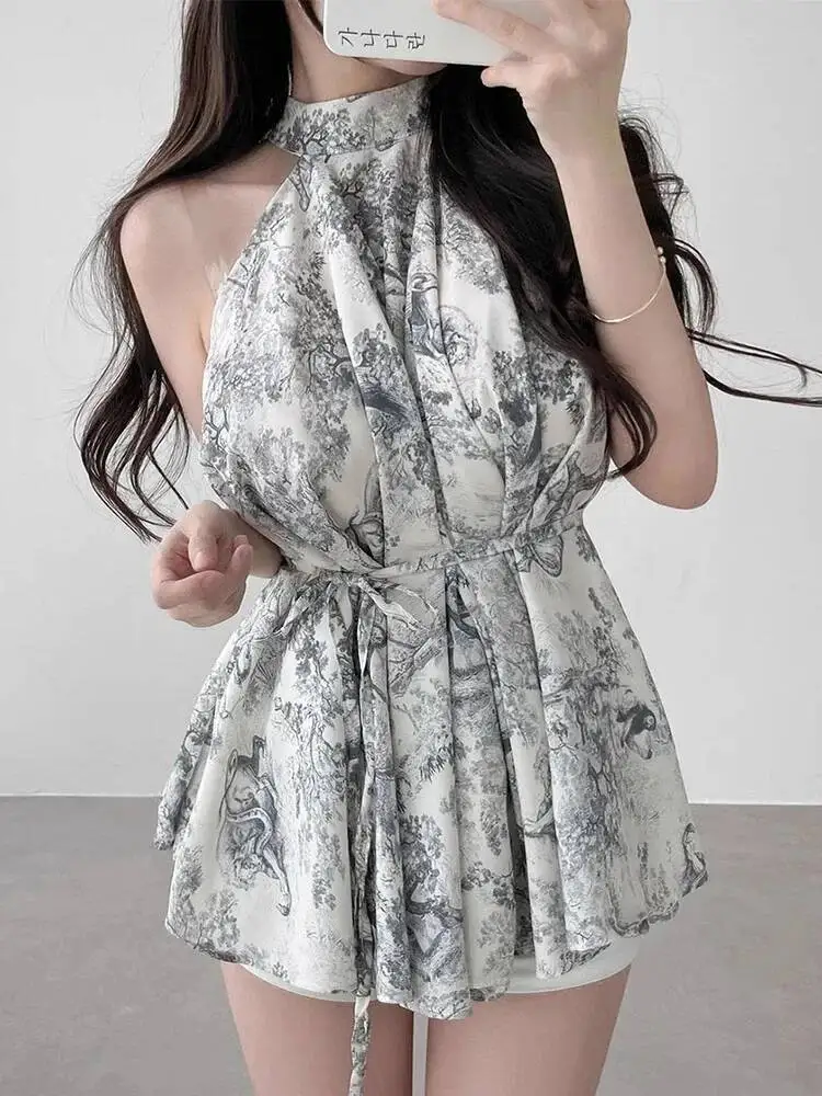 

Kimotimo, летние винтажные женские топы с воротником-стойкой и принтом, корейские шикарные шифоновые блузки на шнуровке на талии, элегантные модные рубашки