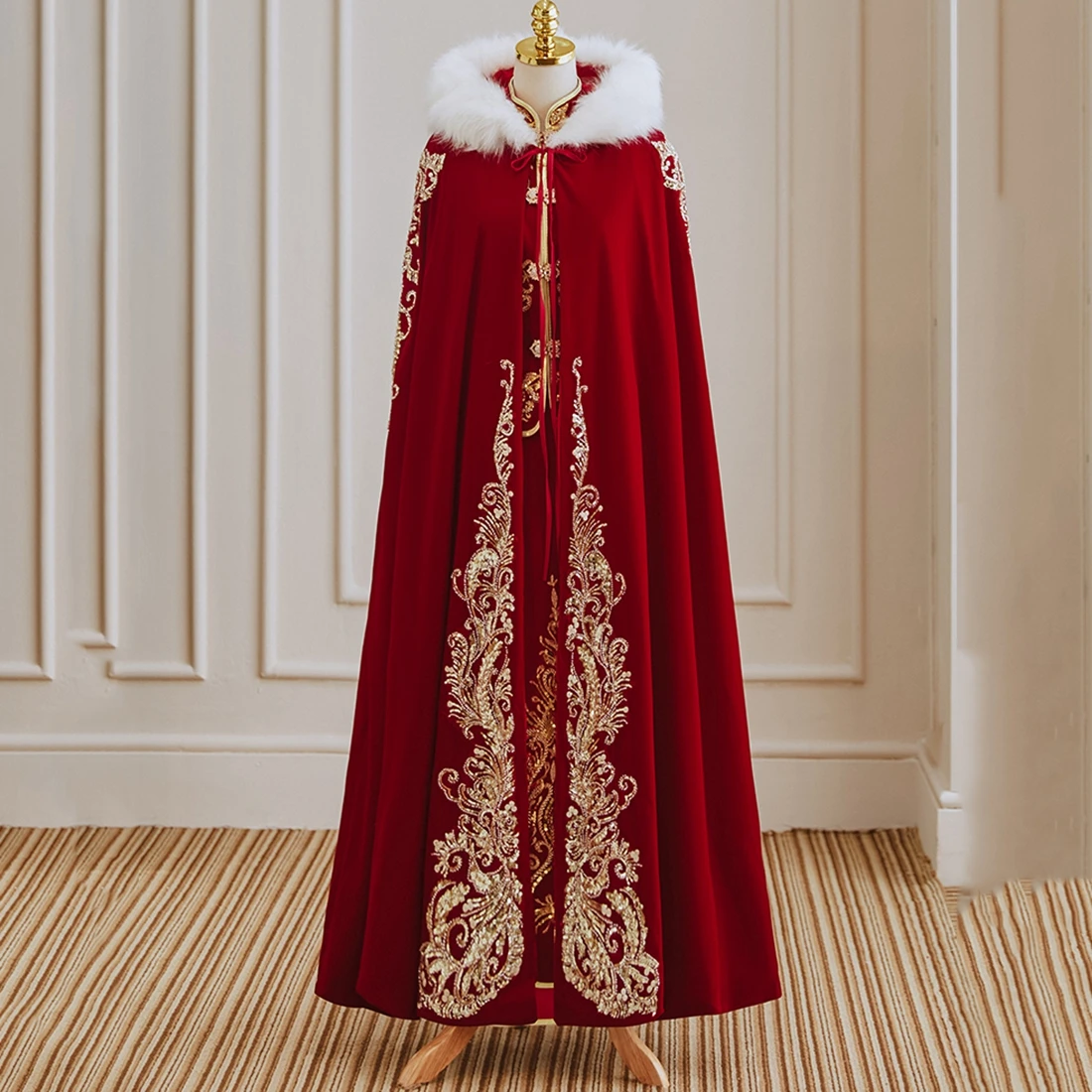 Новая красная бархатная Свадебная накидка с аппликацией и цветочным дизайном и толстым меховым воротником