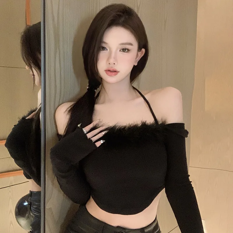 Women Halter Neck Plush Stitching Thin Sweater Vintage Off-the-shoulder Sexy Slim Long-sleeved Knitted Crop Tops 2022 Autum