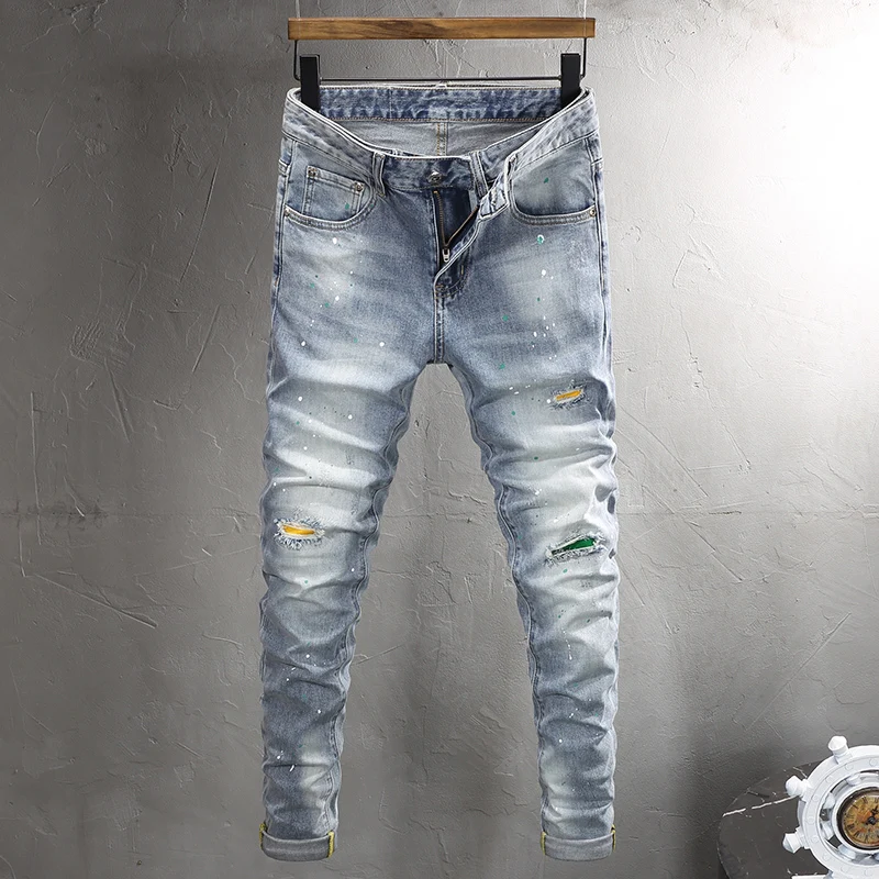 High Street Fashion Men Jeans Retro Light Blue Stretch Skinny Fit Ripped Jeans Men Patched Designer Vintage Denim Pants Hombre