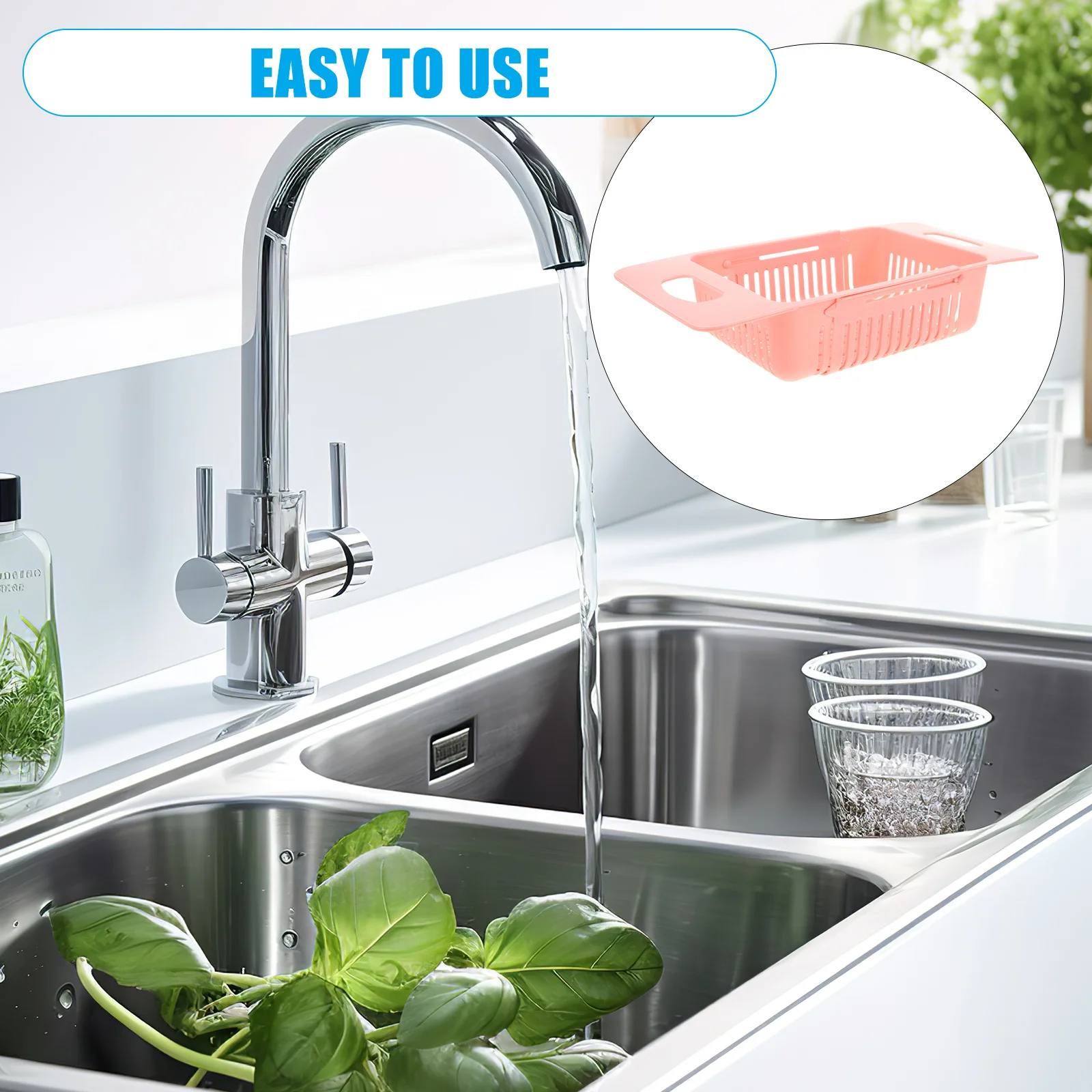 

Space Saving Pink Plastic Vegetable Drain Basket Retractable Design Quick Draining Hollow Holes Convenient Hanging Kitchen Tool