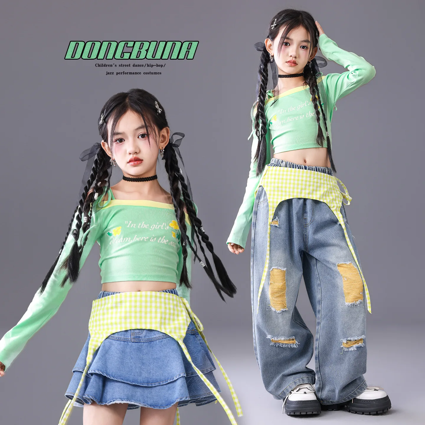 2026 Girls Jazz Dance Clothes Kid Kpop Performance Wear Green Crop Top Denim Skirt School Show Stage Outfit Casual Streetwear
