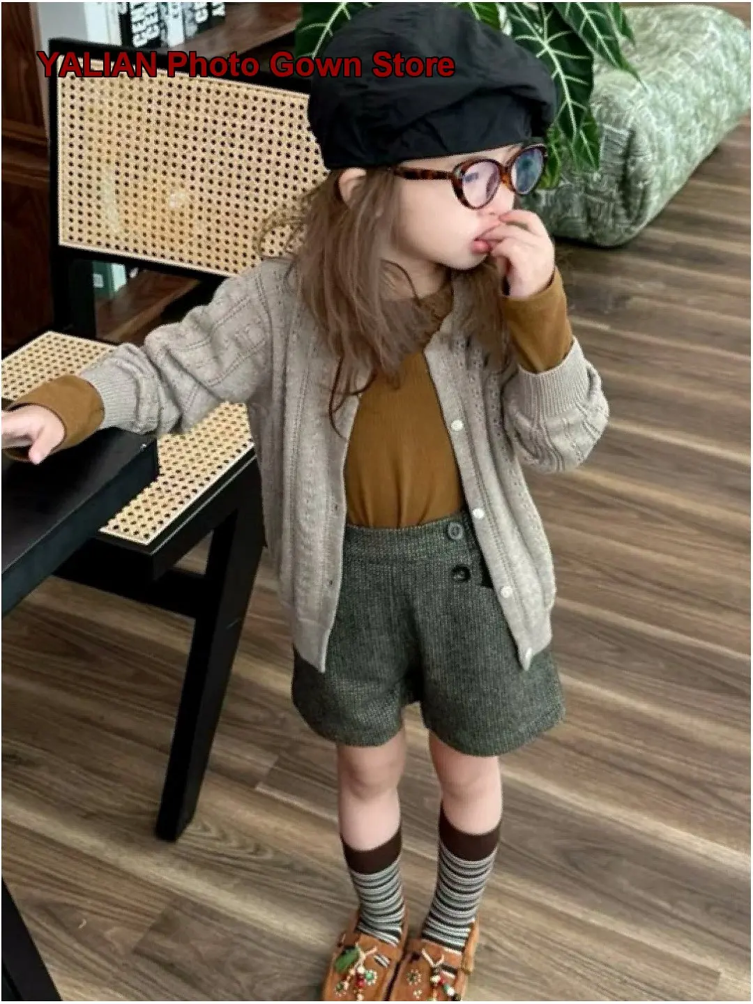 Girls Knit Cardigan Kids Autumn Long Sleeves Khaki Geometric Pattern Thin Fashionable