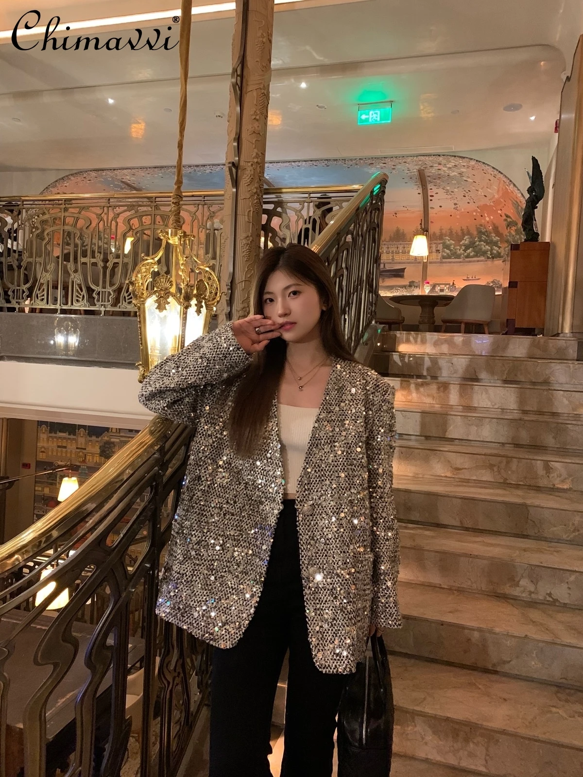 Advanced V-neck Silver Sequin Coat for Women 2024 Spring Clothes New Fashion Loose Long Sleeves Versatile Lady Suit Jacket Coats