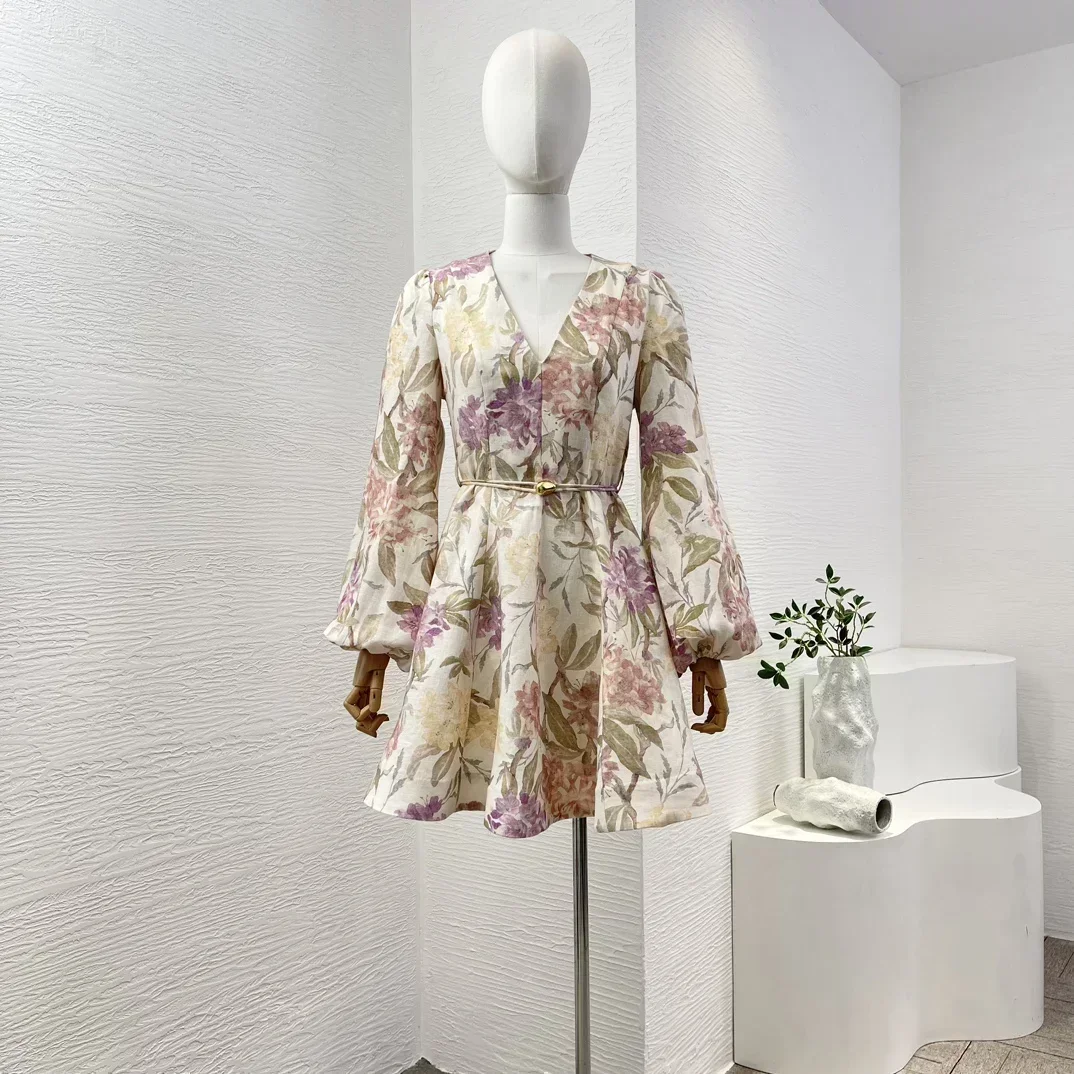 

Pink A-line Floral Print New Linen 2024 High Quality Full Lantern Sleeve Belted Women Mini Dress for Holiday