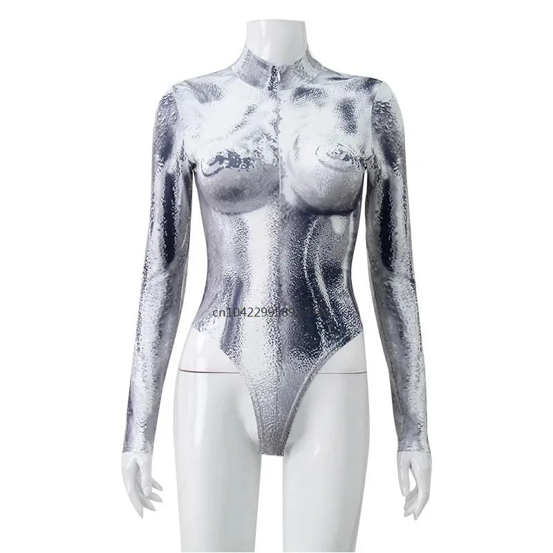 Goud Zilver Holiday Party Vrouwen Sexy Bodysuit Lange Mouwen Strand Badpak Rits Badpak Cosplay Jumpsuit Dragen 2024