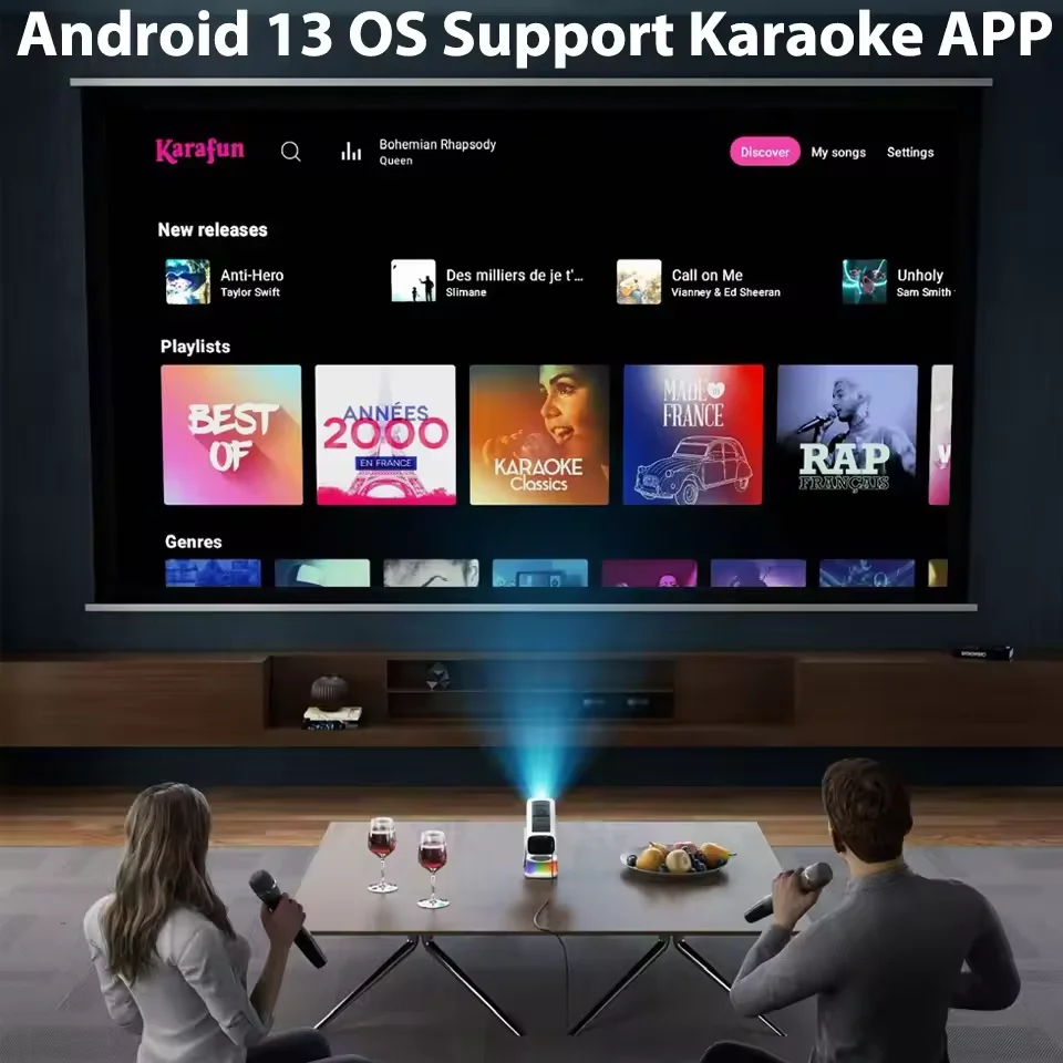 KaiAqua K6 Max جهاز عرض صغير 4K DLP ذكي واي فاي أندرويد 11.0 LED 1080P أجهزة عرض المسرح المنزلي الخارجية مع ميكروفون كاريوكي