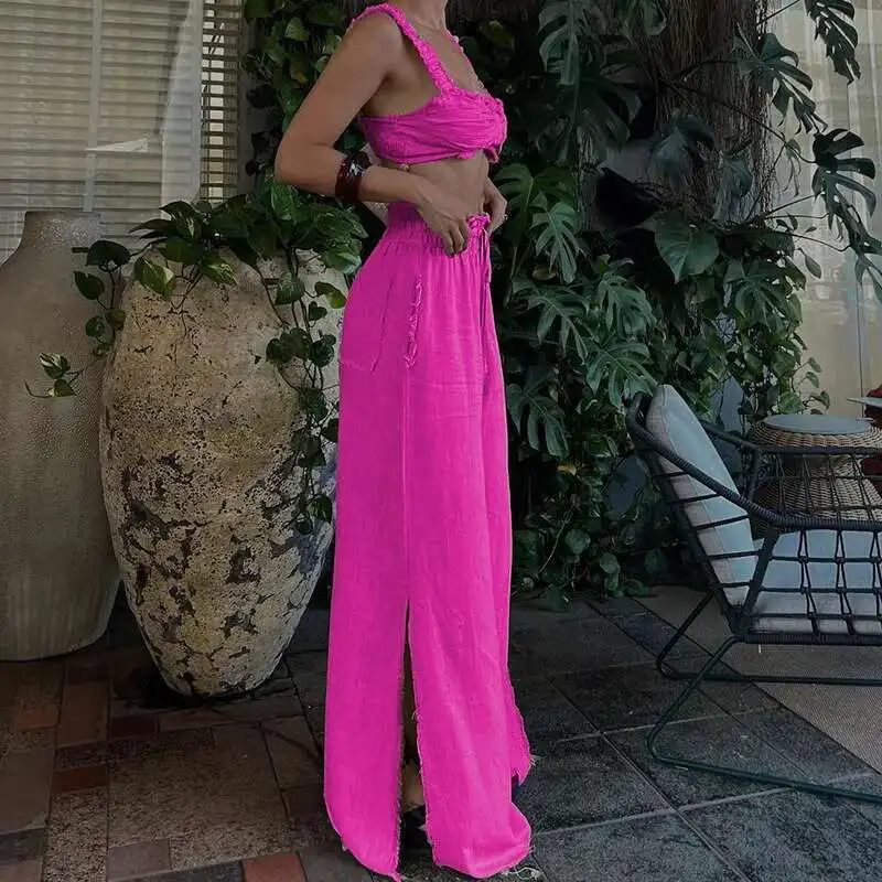 

Fd1217 Весна 2024, новые женские модные свободные брюки с тонким поясом, комплект с бюстгальтером и U-образным вырезом