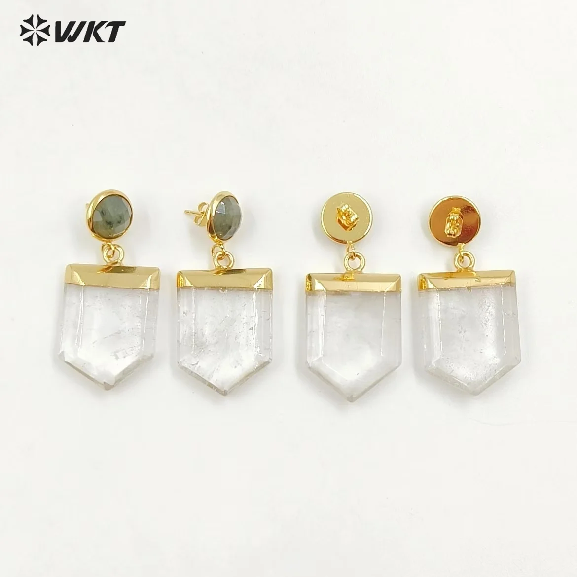 WT-E267 Retro Natural Transparent Stone Quartz With Small Round Labradorite 18K Gold Plated Earring Classic Accessory