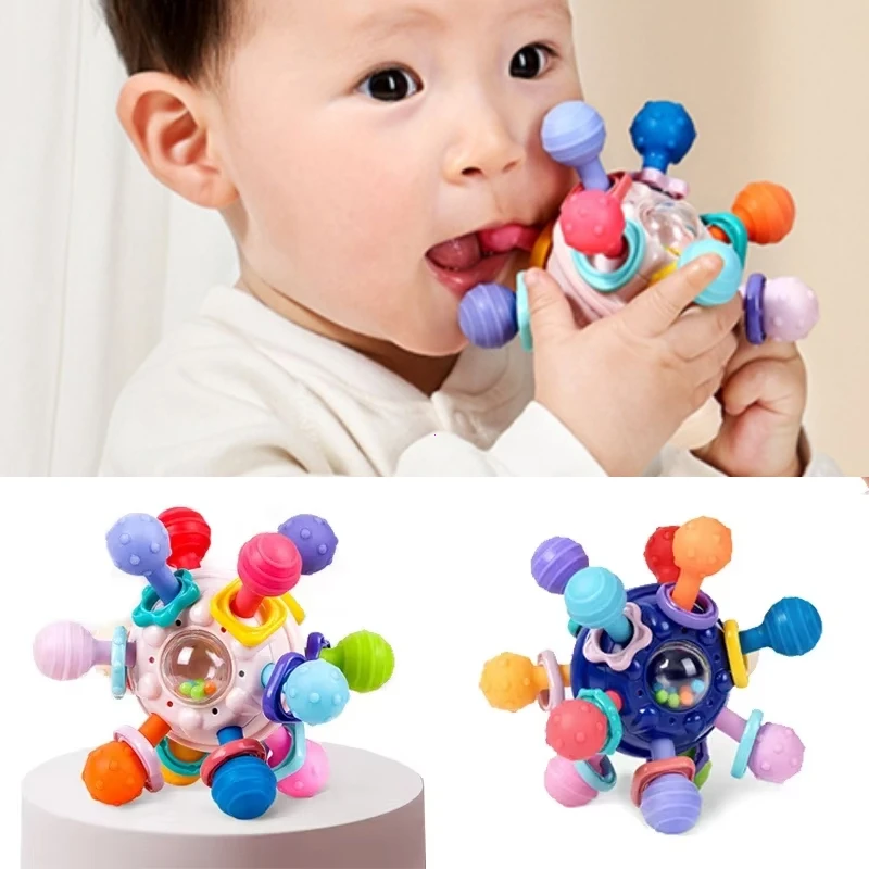 Montessori Baby Toys 0 12 Months Rotating Rattle Silicone Teething Toys Ball Grasping Activity Development Baby Sensory Toy