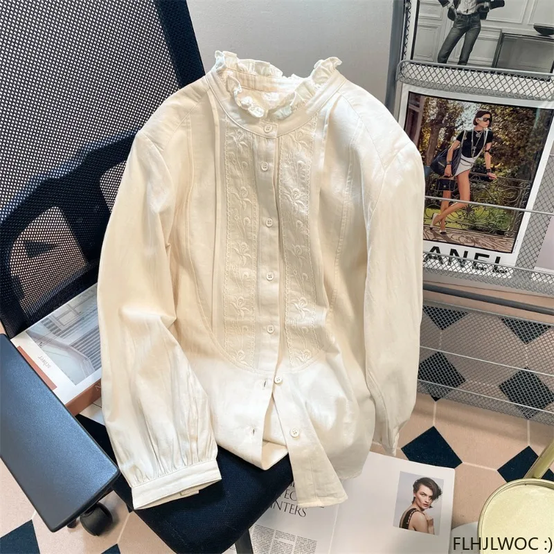 Cotton Chic Korea Cute Basic Shirt Design Women Cute Sweet Japan Girl Vintage Retro Stand Collar Ruffles Tops Blouse 2024 Autumn