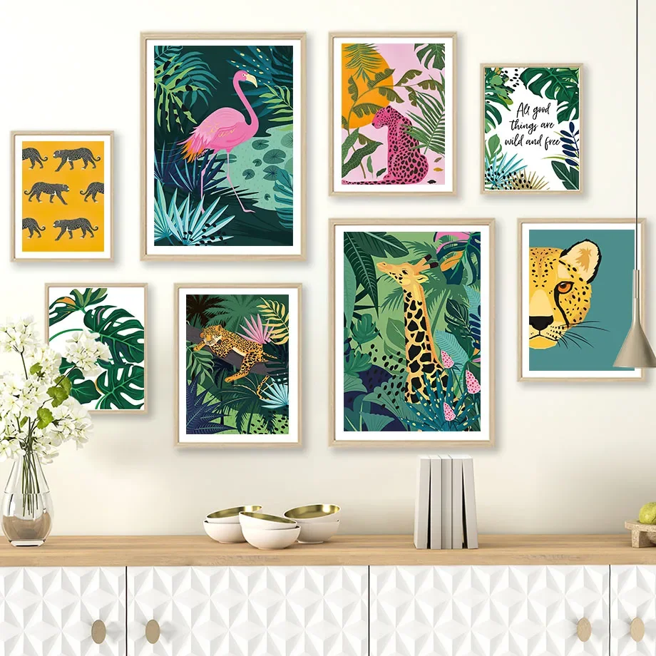 

Nordic Posters and Prints for Living Room Decor, Wall Art, Canvas Painting, Pictures, Flamingo, Tropical Leaf, Jungle Animals