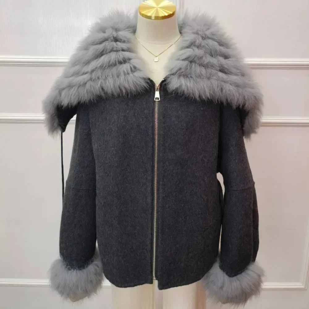 

Кашемировое пальто из натурального меха, теплое женское пальто 2025 года, новое осенне-зимнее шерстяное пальто, женские манжеты, куртка из натурального лисьего меха, короткая шерстяная куртка для женщин