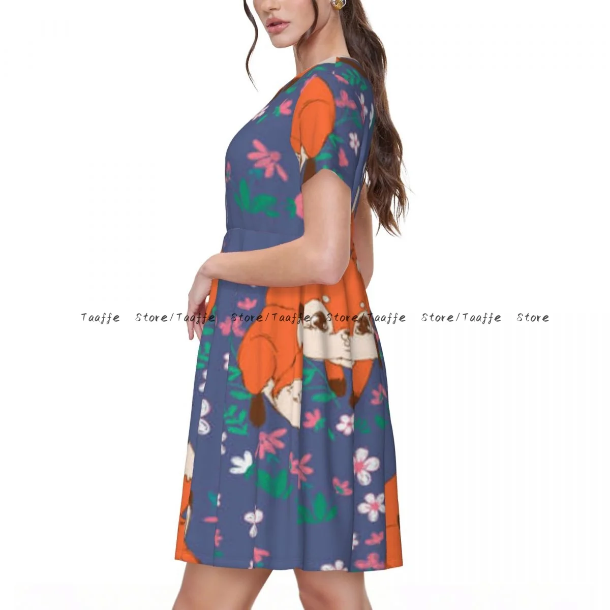 Elegantes Damenkleid mit niedlichem Fuchs- und Blumenmuster, Umlegekragen, kurze Ärmel, körperformend, Straßenrobe