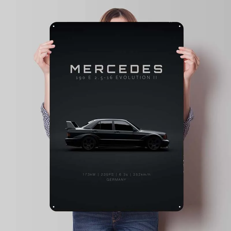 Mercedes benz 190e evo ii estanho sinal carros cartaz sinal de metal para garagem arte da parede decoração retro placas de metal decorativas casa