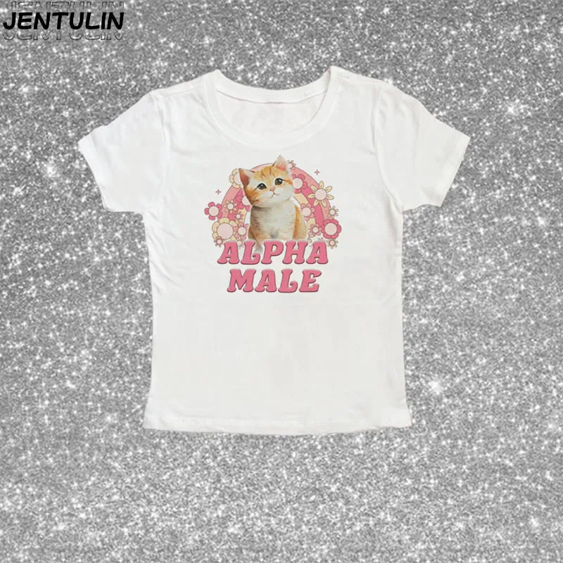 Harajuku Kawaii Teacup cat Print T-shirts Women Sweet Style Cute Kitten Short Sleeve White Tops Vintage Cool Girl Y2k EMO Clothe