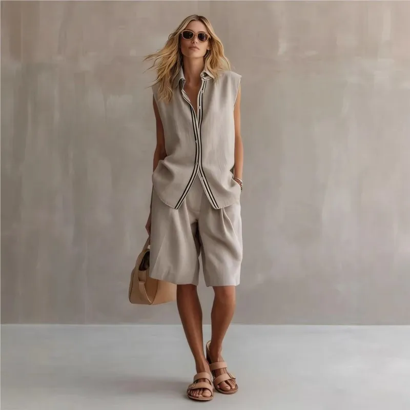 Simple Color Blocked Women's Two-piece Set Summer Fashion Lapel Sleeveless Loose Top Half Pants Suit Ladies Casual Office Outfit