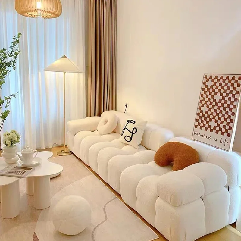 Custom white wooden house Nordic replica lambswool clouds cream fabric sofa small living room bread module sofa