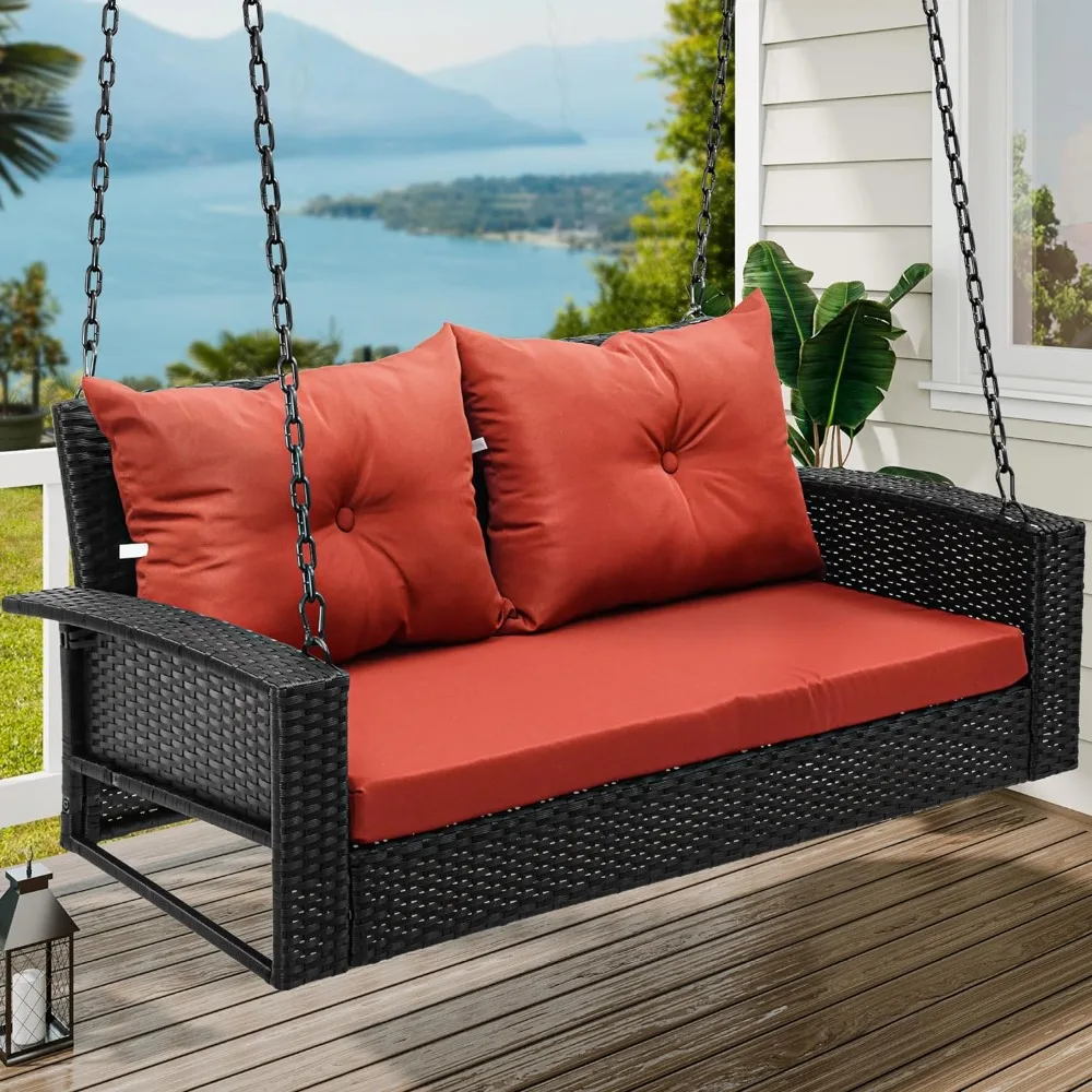 2-Seats Wicker Hanging Porch Swing Chair Outdoor Black Rattan Patio Swing Lounge w/ 2 Back Cushions Capacity 530lbs Red