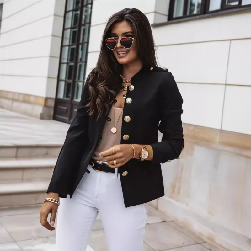 Fashion O-neck Single-breasted Slim Jacket Spring Autumn Casual Elegant Long Sleeve Solid Color Street Office Coats
