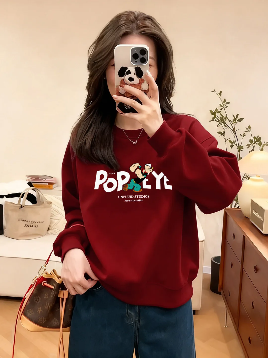 Sweat-shirt rond Ne pour femme, vêtement d'extérieur ample, doublé de Fce, couleur vin rouge, lettres imprimées, haut pour l'automne et l'hiver