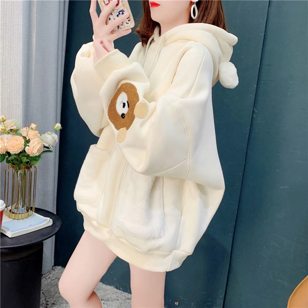 Quality Autumn Winter Lamb Hoodies Women Kawaii Plush Sweatshirt Jacket Warm Hooded Ear Female Cute Bear Print Sweatshirts Coats