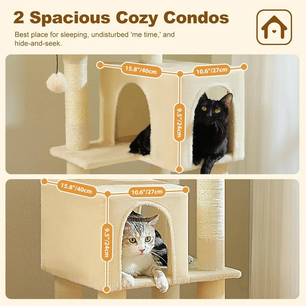 PAWZ Road Cat Tree Tower 62 Inches Cat Tree with 2 Condos,2 Large Perch,4 Scratching Posts & 1 Scratching Board, and 2 Hanging B