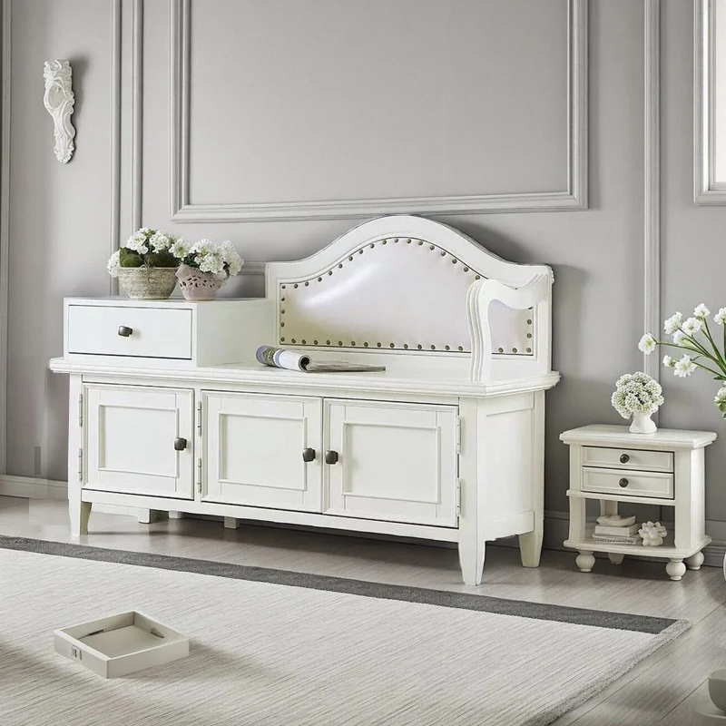 

American retro solid wood white door entry European light luxury seated storage integrated shoe cabinet