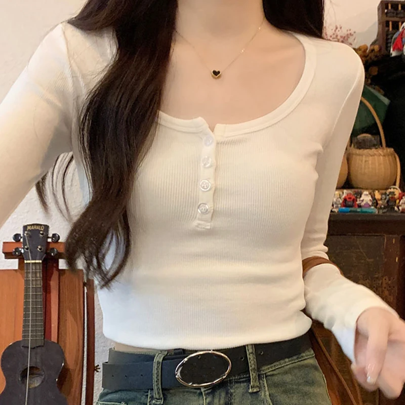 Crop T Shirt Women Slim Tops Autumn Cotton Long Sleeve Button T-Shirts Korean Style Womans Clothing Tee Shirt Femme Camisetas