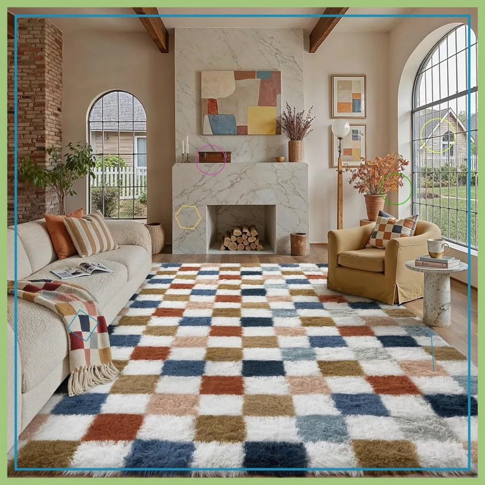 

Modern Checkered Rainbow Shag Rug 8x10, Washable Non-Slip Soft Indoor Carpet for Living Room Bedroom Decor