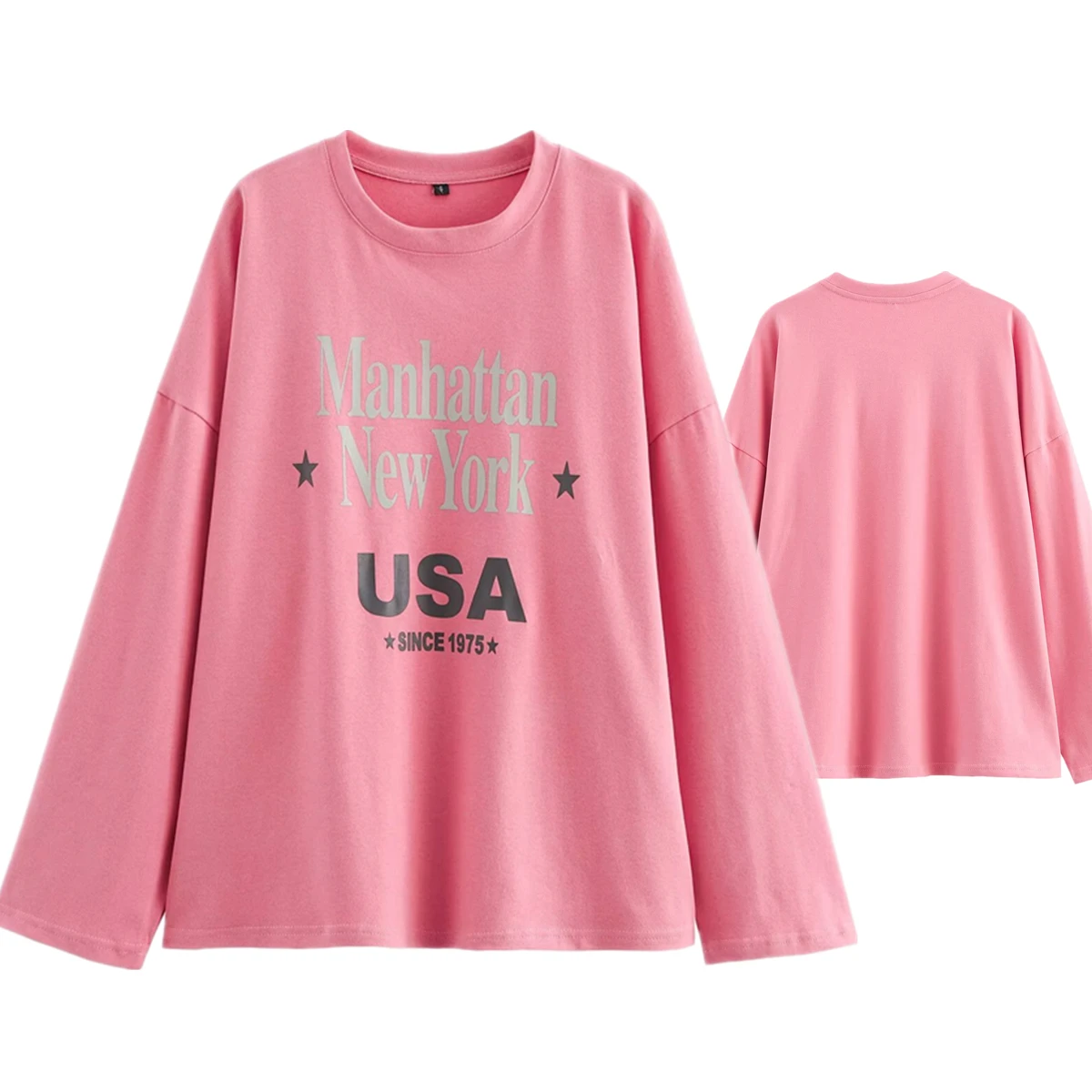 

Dave&Di 2025 Spring Long Sleeve T-shirt Women American Retro College Style New York Letter Printed Pink T-shirt Pullover Top