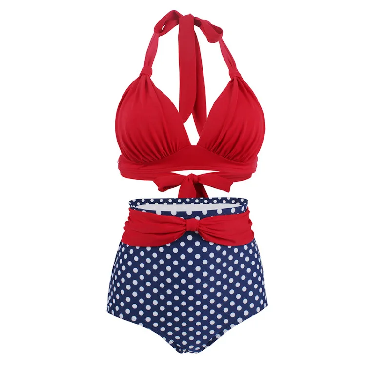 

Pleated Bikini Red Top Navy Blue With White Dots Bottom Women Classic High Waist Halter Bikini Sets Plus Size Two-piece Swimwear