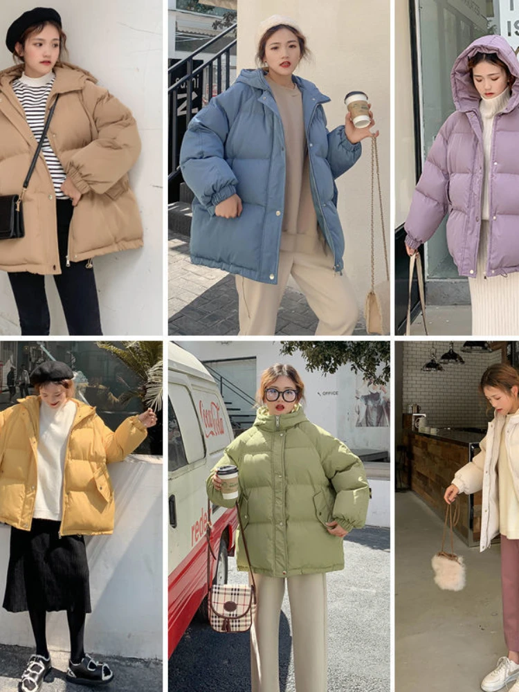 Jaqueta curta acolchoada de algodão feminino com capuz grosso, parkas soltas coreano, outwear oversize feminino, casacos de inverno femininos, novo,