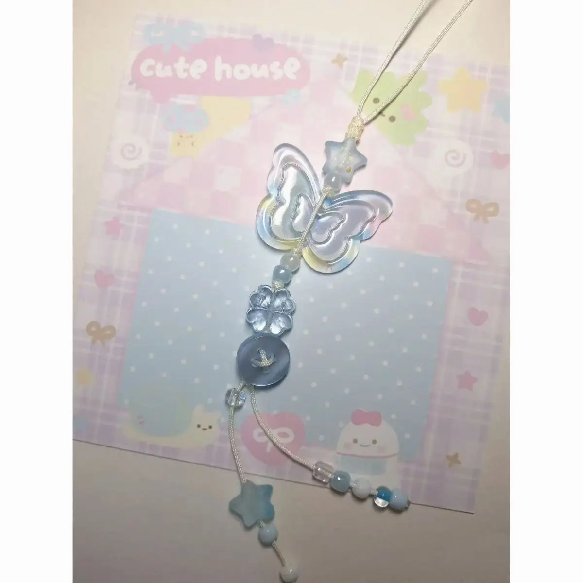 

Rainbow Butterfly Beaded Phone Charm Lanyard Cute Iridescent Pendant Keychain Wrist Strap for Girls