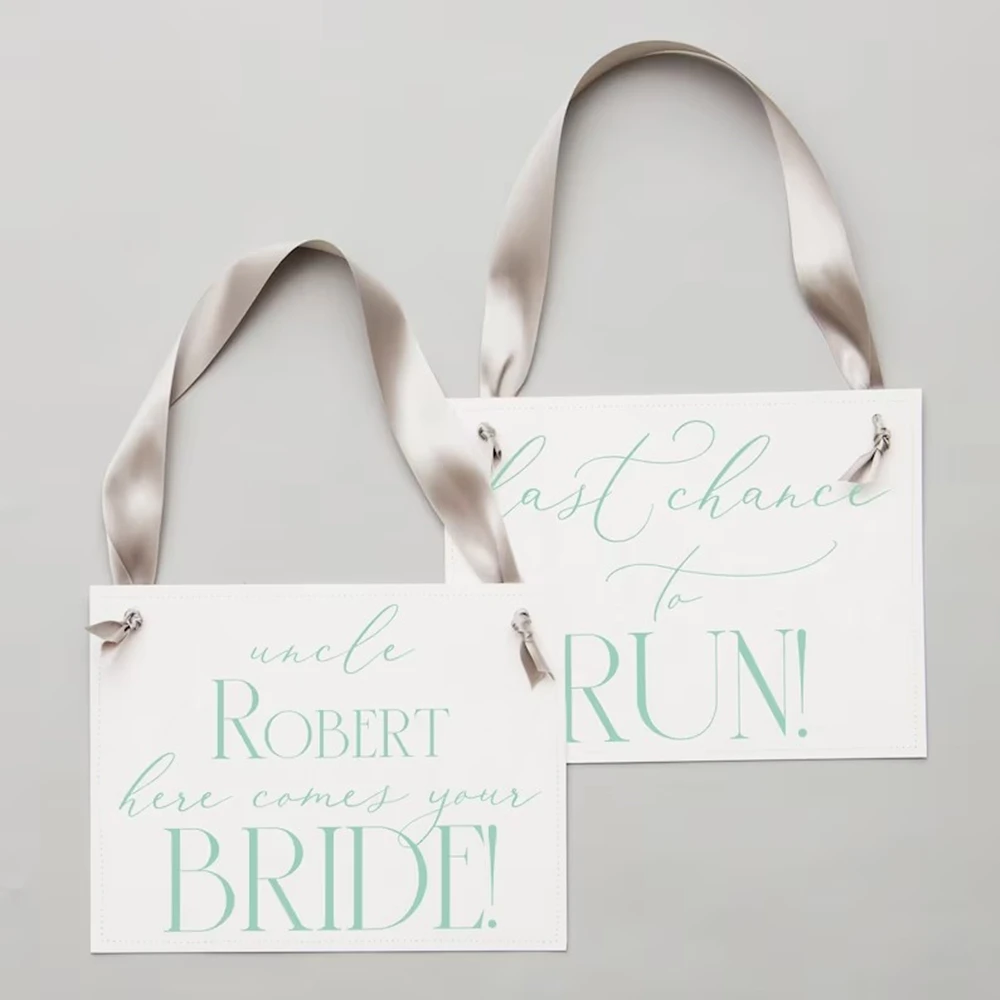 

2 Funny Wedding Signs for Ring Bearer/Flower Girl Uncle Personalized Name Here Comes Your Bride + Last Chance To Run 1121