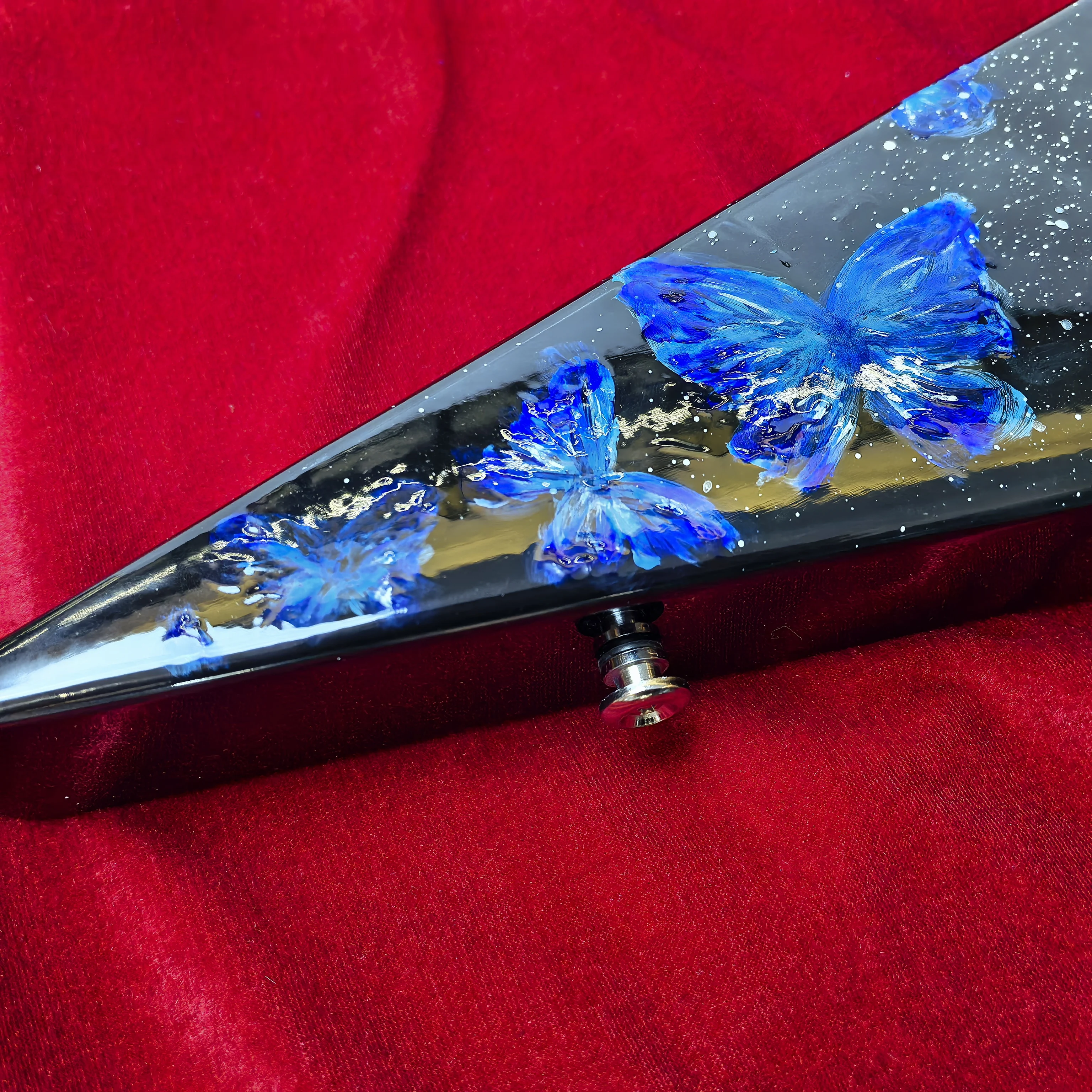 V Shape 6 String Electric Guitar, Blue Butterfly Artwork, High Gloss Solid Wood Guitar for Rock Metal