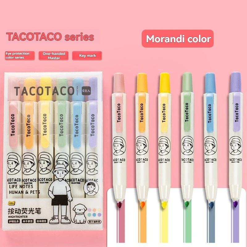 6PC Press The Highlighter Pen To Protect Your Eyes  Morandi Retro Color Series Students Use The Key Marking Hand Account Color P