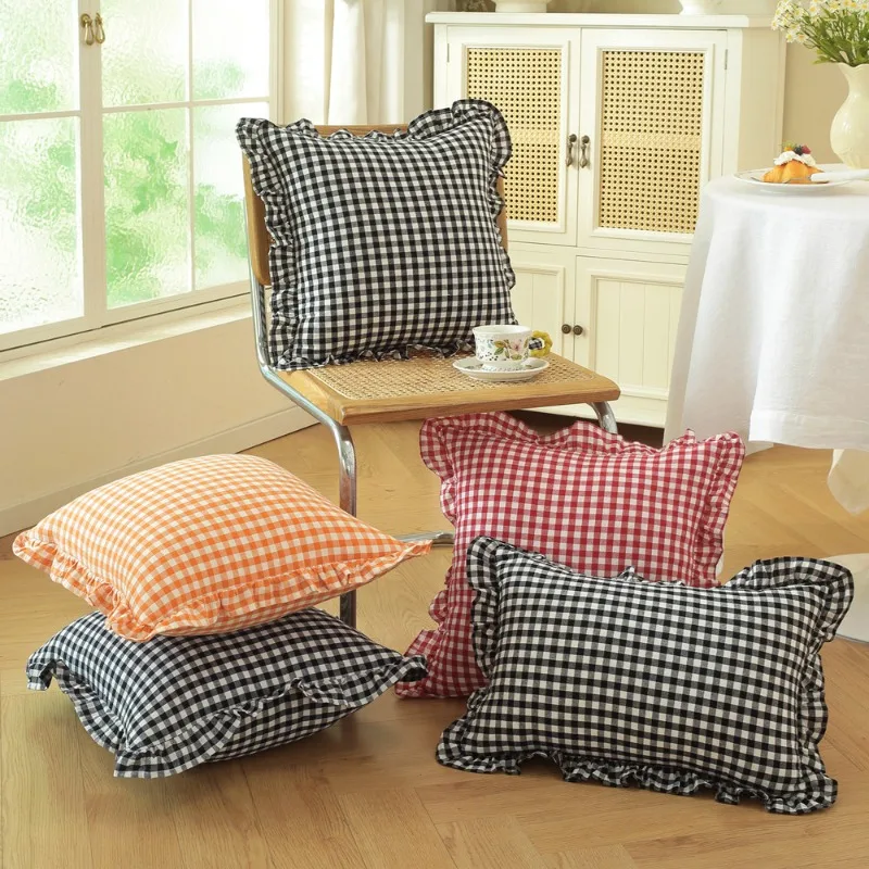 Soft Cotton Throw Pillow Cover Lotus Leaf Skirt Edge Solid Color Ruffled Edge Pillowcase Comfortable Plaid Print Cushion Cover