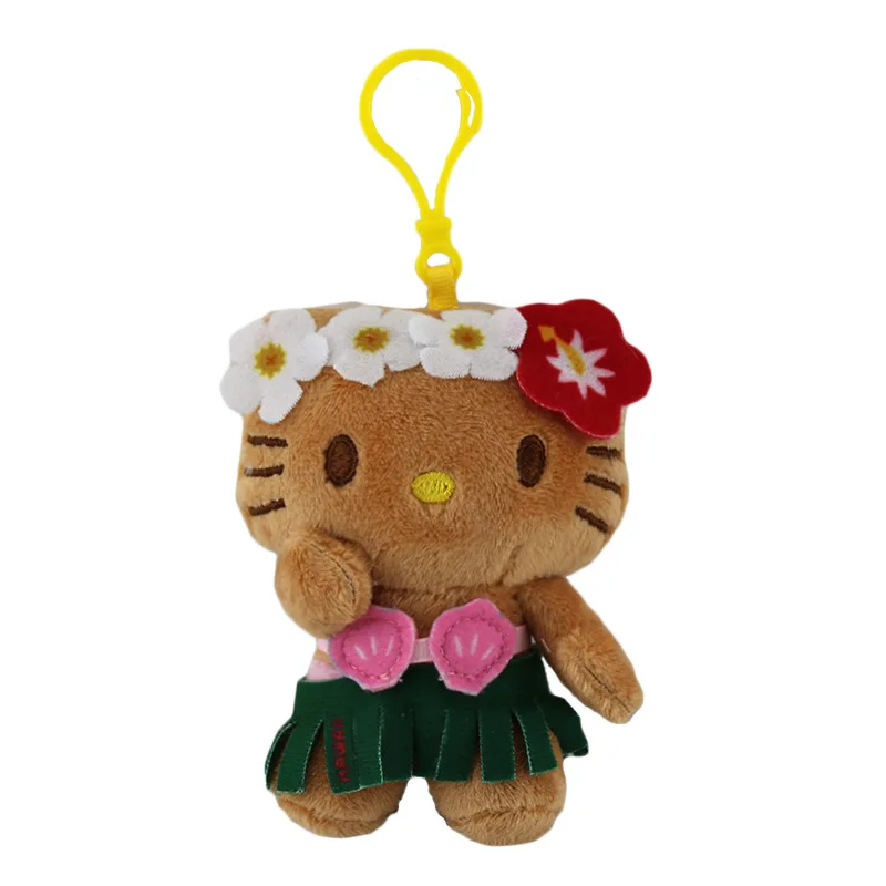 Kawaii Hello Kitty Hawaiian Sanrio Keychain Pendant Cartoon Plush Toys Filling Keychain Dark Skin Pendant Cute Birthday Gift