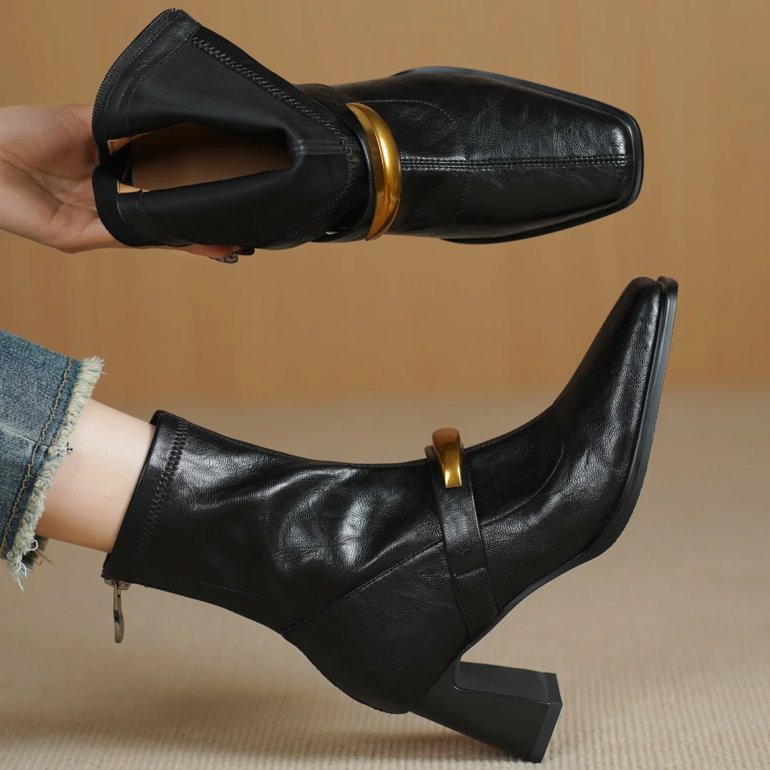 المرأة جلد الغنم كبيرة بو الجلود المرقعة مشبك معدني ساحة تو الظهر البريدي الخريف حذاء من الجلد 7 سنتيمتر سميكة عالية الكعب أحذية قصيرة #3