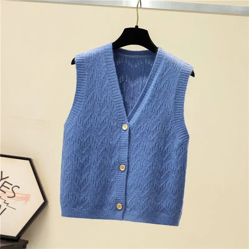 Autumn Winter Screw Thread V-Neck Knitted Sleeveless Button Up Women\'s Clothing Cardigan Coats Casual Elegant Vest Sweet Tops