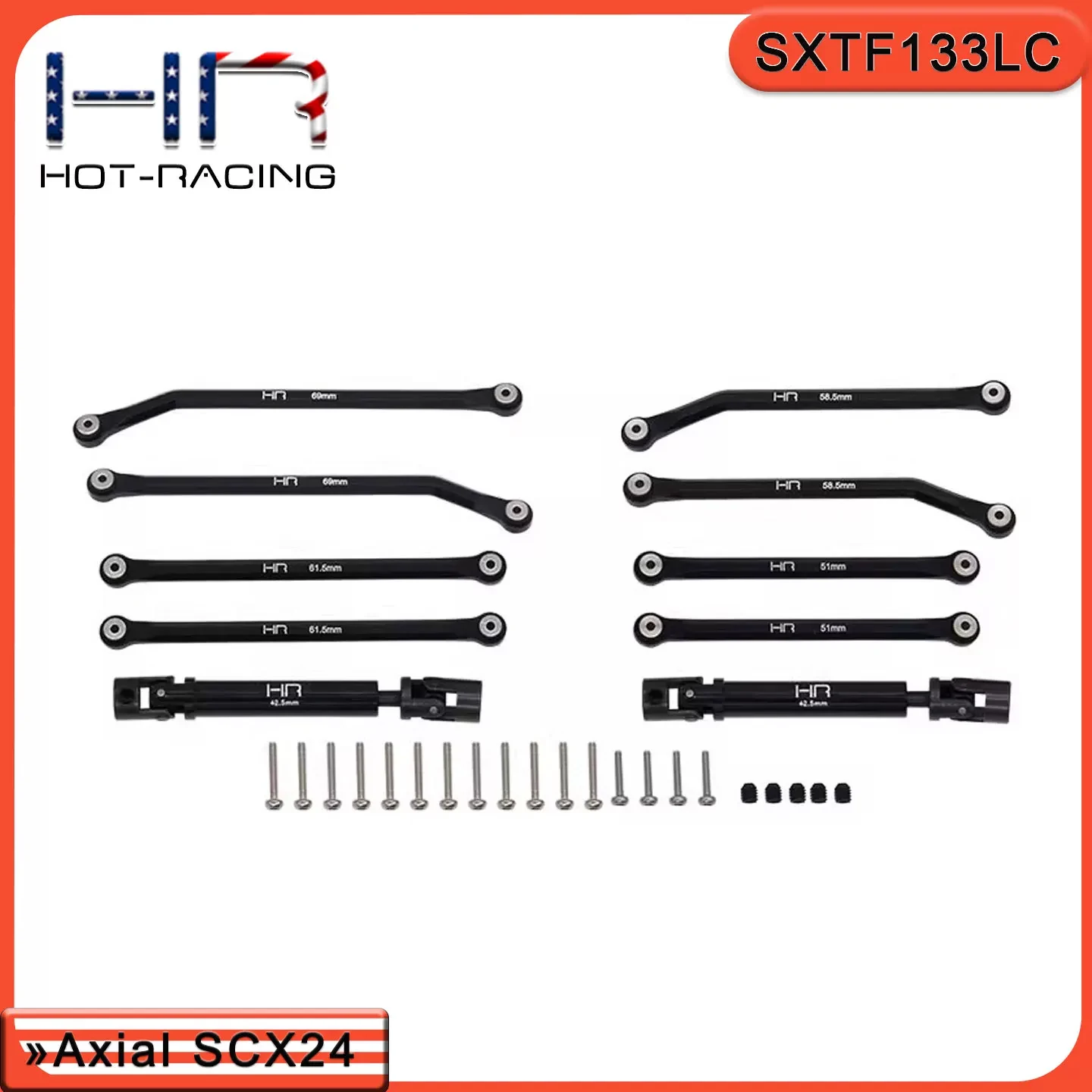 Hot Racing 6061 Black Alum 8-Link+Steel U-Axles 155mm LCG for SCX24 SXTF14GLC, Anti-Wrap, Front True 4-Link, Replace Plastic