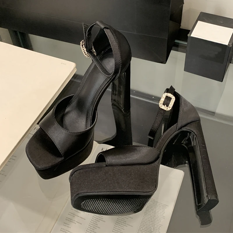 Women Fashion Shoes Sexy Style Black High Heels Platform Sandals for Women Cozy Silk Square Toe Buckle Strap Party Dress Shoes