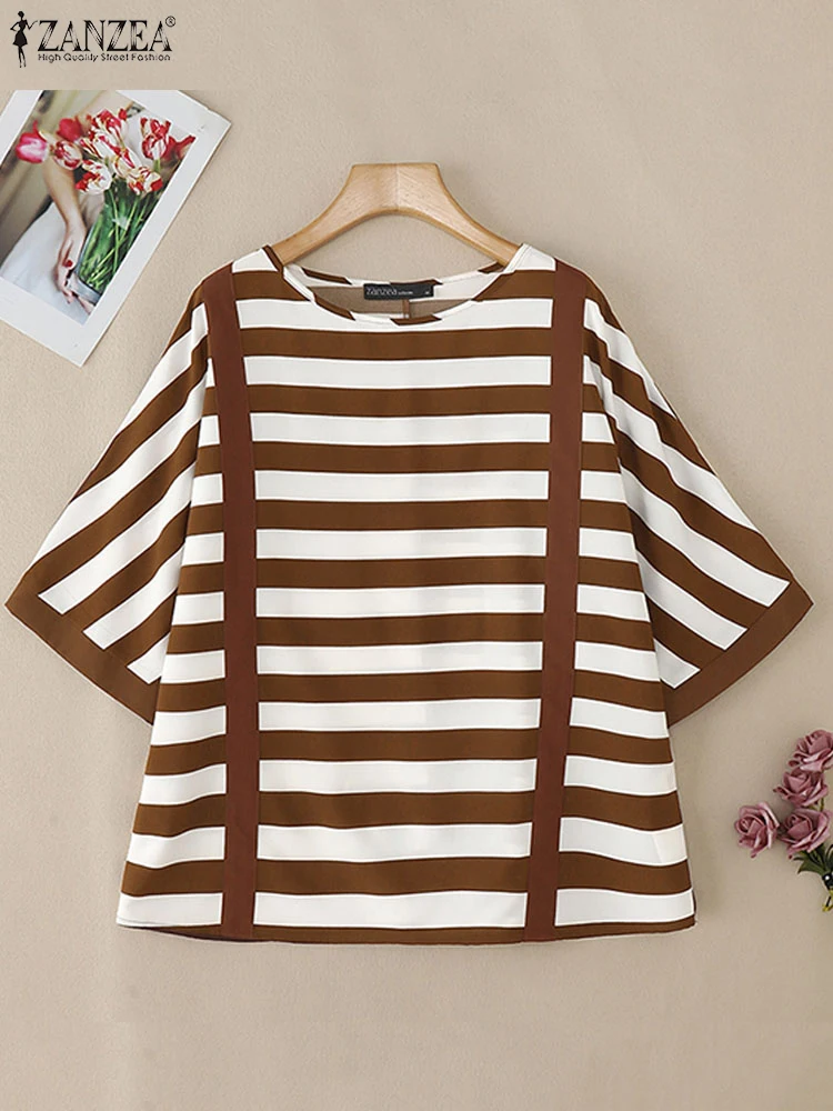 

ZANZEA Women Loose Daily Tops 2025 Summer Casual Dolman Short Sleeve Shirts Stripes Splicing Blouses Sweety Round Neck Tops