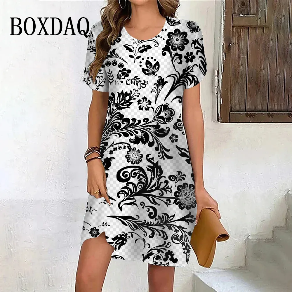 

New Women Vintage Floral Mini Dress Summer Retro Casual Loose Short Sleeve Dresses Female Beach Party Plus Size Dresses Vestidos