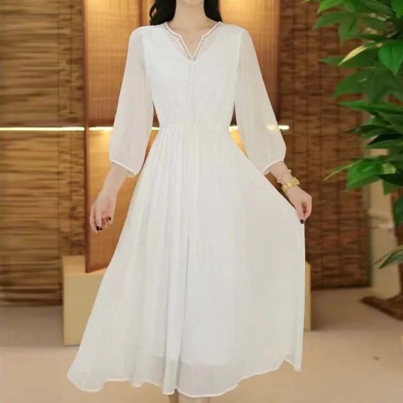 flowy white chiffon dress White Chiffon Maxi Dress with Ruffled Neckline
