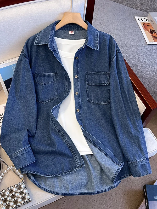 

Loose Women's Denim irt Hong Kong Sle Retro Faion Autumn Season Versatile High Waist Korean Version Long Sve Co...
