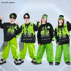 Girls Cool K-pop Vest Sweatshirt Cargo Pants Boys Hip Hop Street Dance Clothes Sets Kids Jazz Green Costumes Children Streetwear
